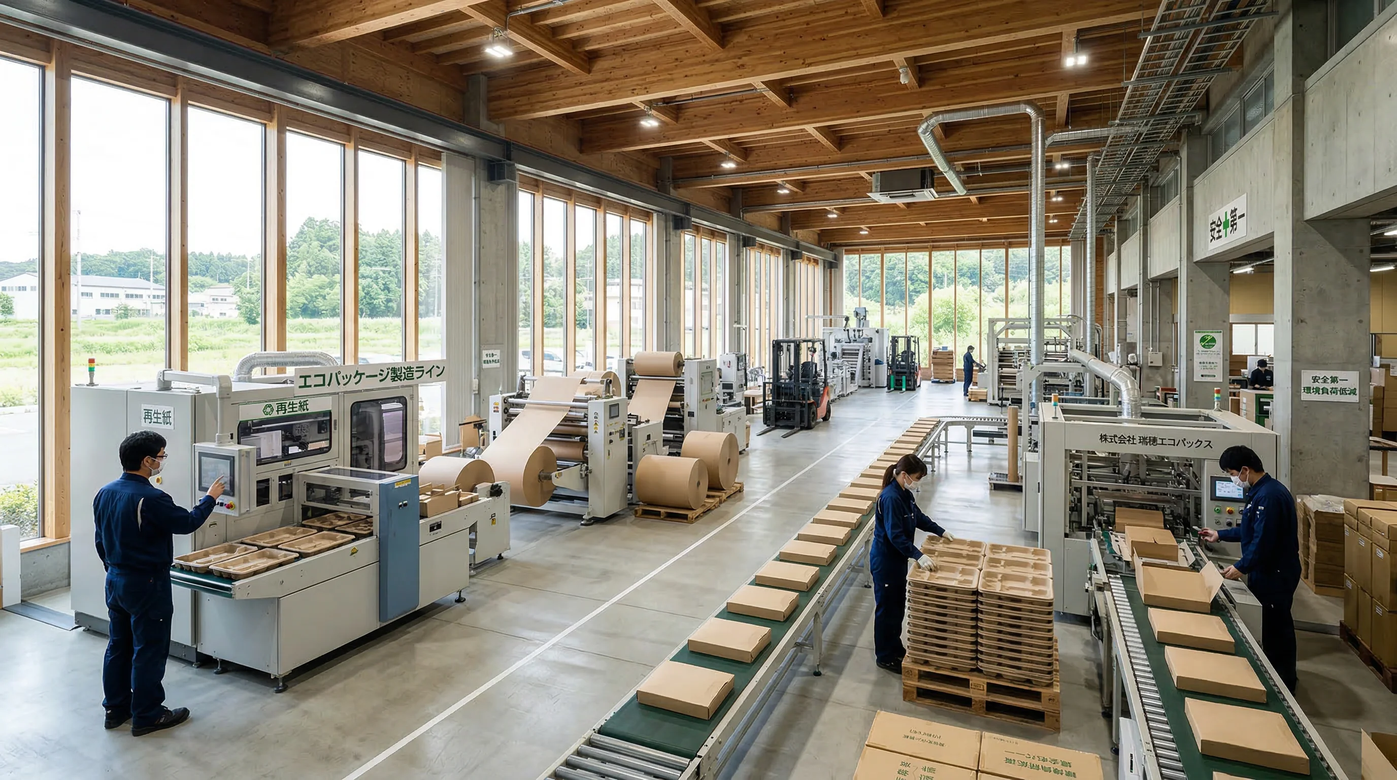 Modern sustainable packaging manufacturing facility interior showing automated paper processing machinery