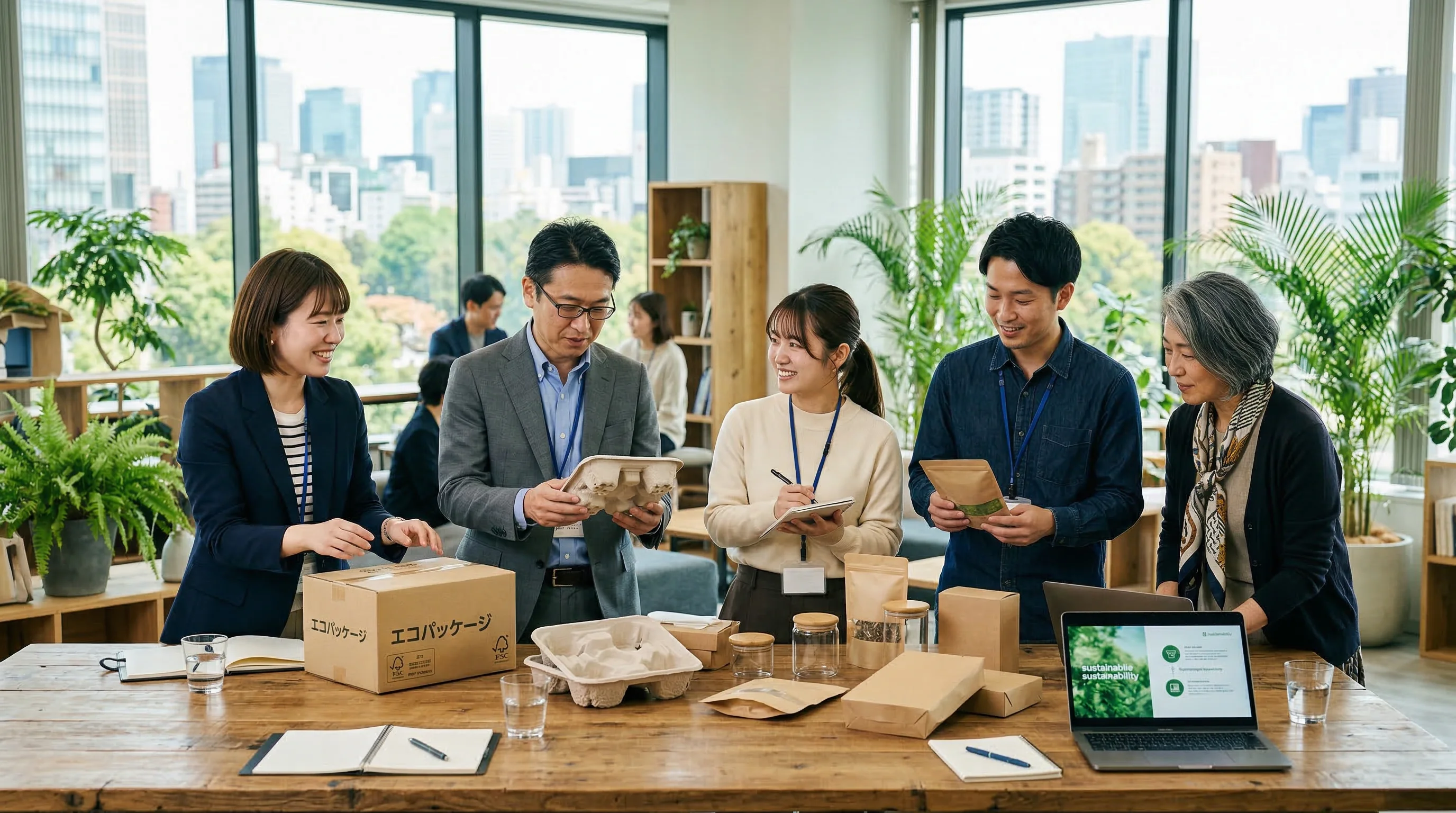 Our team of packaging experts reviewing sustainable packaging prototypes in our Osaka office