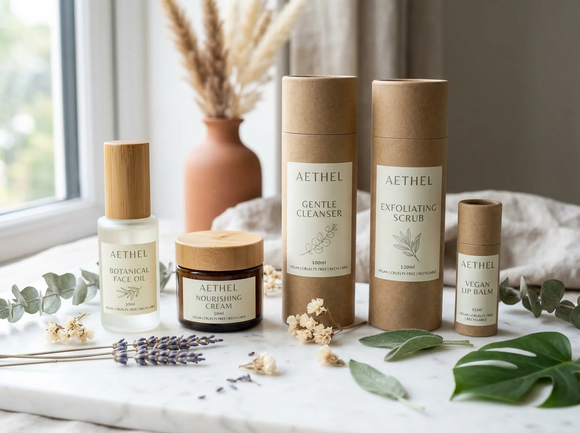 Luxury sustainable cosmetics packaging with kraft paper tubes and glass bottles featuring botanical labels