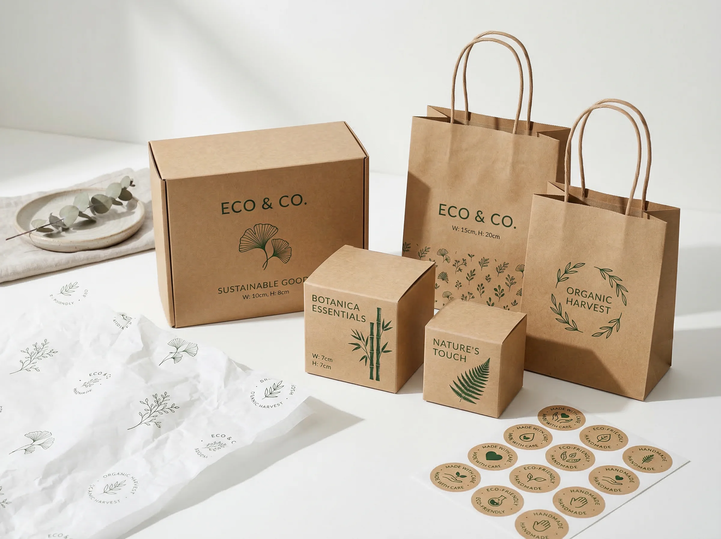 Custom printed eco-friendly kraft packaging with botanical designs