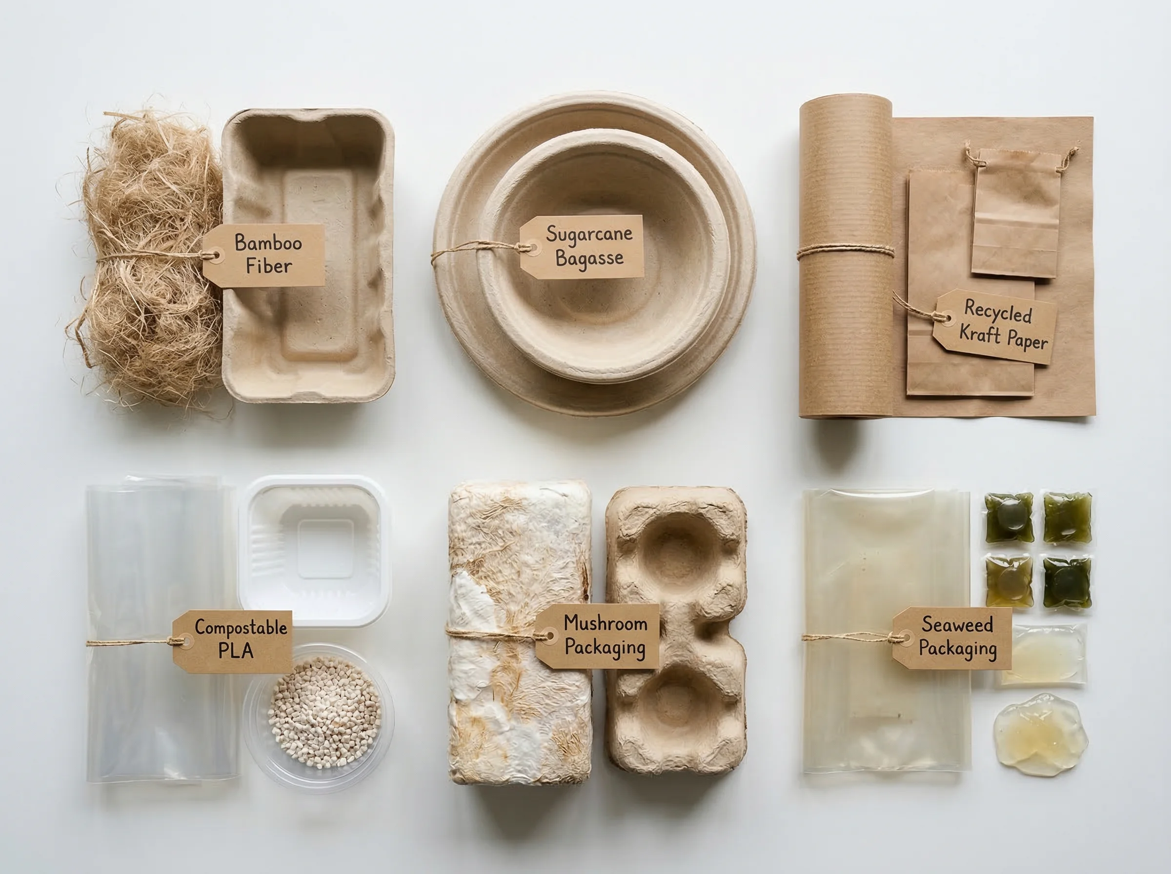 Flat lay comparison of sustainable packaging materials including bamboo fiber, sugarcane bagasse, recycled kraft paper, compostable PLA, mushroom packaging, and seaweed packaging